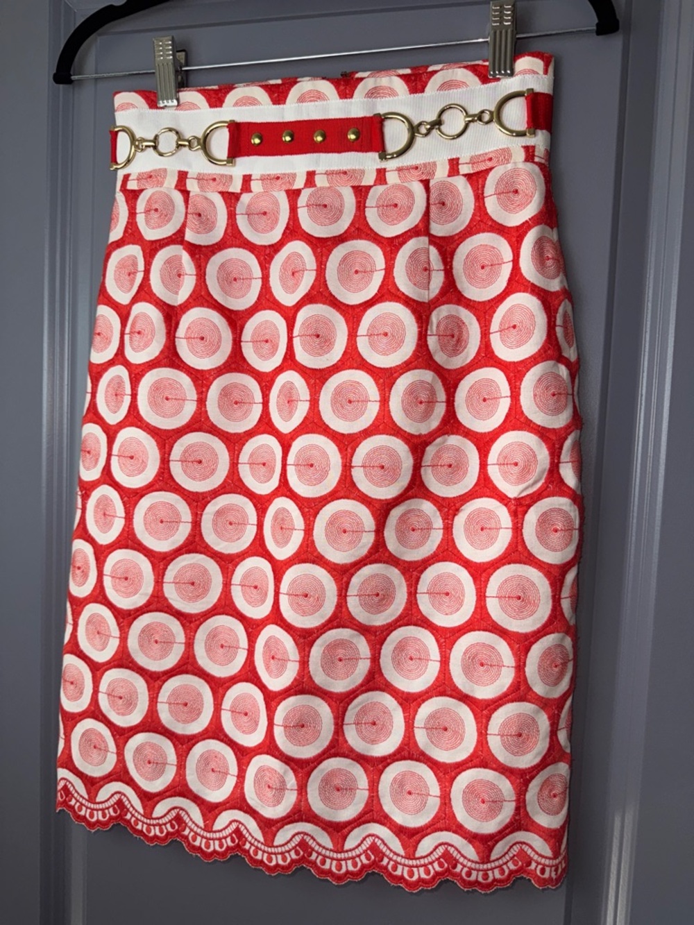 Antonio Melani Red White Circle Print A-Line Skirt Scalloped Hem Size 0